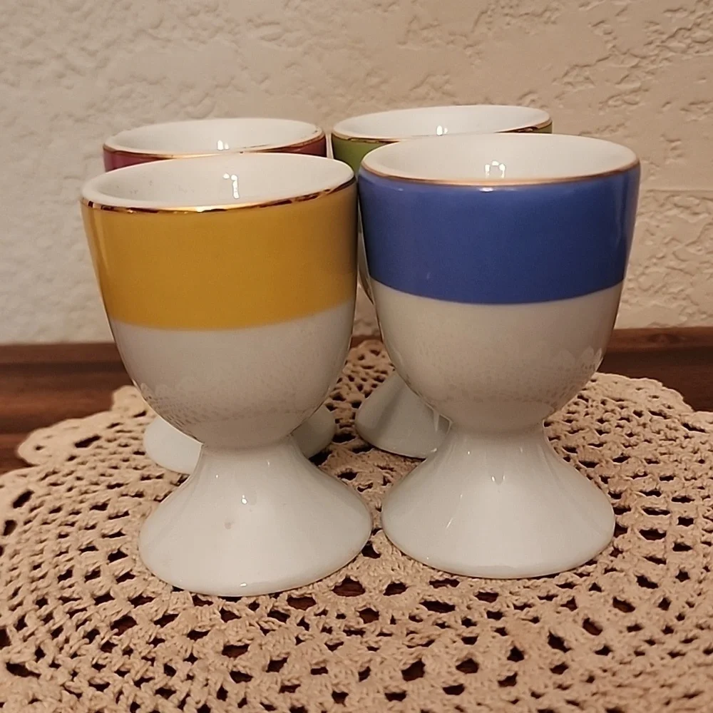 Pottery Barn Set of Four China Egg Cups Pastel Easter Eggs